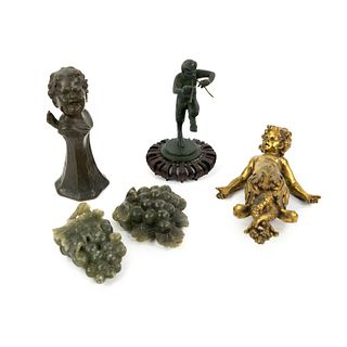 (5) Group of Figural Bronze and Carved Stone Objects
