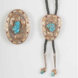 Navajo Gold Wash on Silver Bolo and Buckle with Turquoise