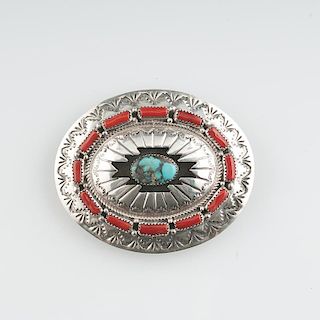 Navajo Silver, Turquoise, and Coral Buckle