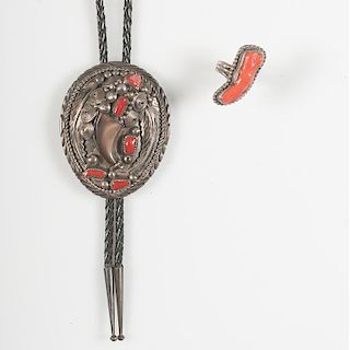 Navajo Silver and Coral Bolo with Claw and Ring