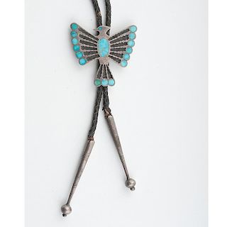 Navajo Silver and Turquoise Bolo with Stylized Thunderbird