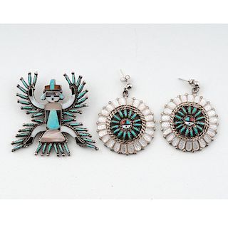 Zuni Inlaid and Needlepoint Turquoise Pin and Earrings for Zuni Jewelry Admirers