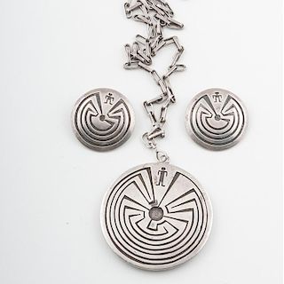 Hopi Silver Man-in-the-Maze Pendant with Matching Earrings