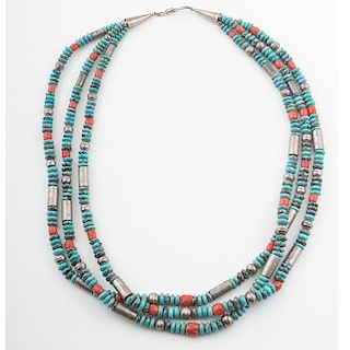 Navajo Triple Strand Turquoise, Coral, and Silver Bead Necklace