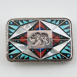Navajo Silver and Turquoise Buckle with Prowling Bear