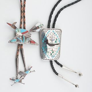 Sammy and Esther Guardian (Zuni, 20th century) Silver Inlaid Roadrunner Bolo Tie PLUS Another