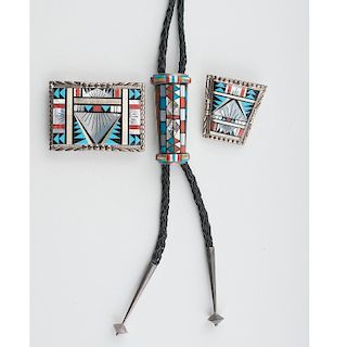Zuni Silver and Turquoise Inlaid Bolos and Belt Buckle