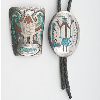 Jimmie Nezzie (Dine, 20th century) Silver and Turquoise Bolo Tie PLUS Another