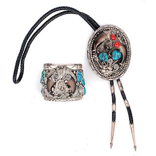 Navajo Super-Sized Silver and Turquoise Cuff and Bolo
