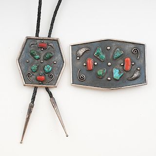 Navajo Bolo and Buckle Set with Turquoise and Coral