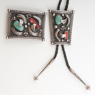 Navajo Silver and Turquoise Bolo and Buckle Set