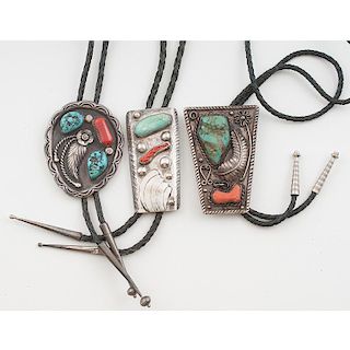 Navajo Turquoise and Coral Handwrought Silver Bolos