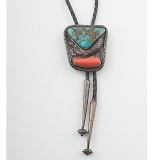 Navajo Silver and Turquoise Bolo with Coral