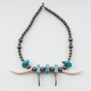 Southwestern Style Silver and Turquoise Necklace with Tusks