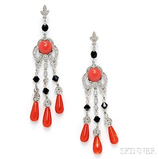 14kt White Gold, Coral, and Onyx Earpendants