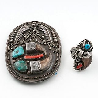 Navajo Turquoise, Coral, and Bear Claw Buckle and Ring