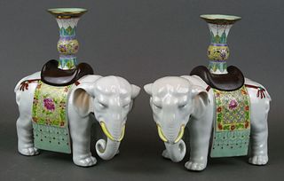 Pair Chinese Famille Rose Elephant Candlesticks