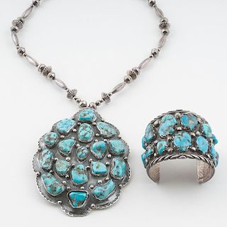Navajo Silver and Turquoise Cluster Necklace and Bracelet