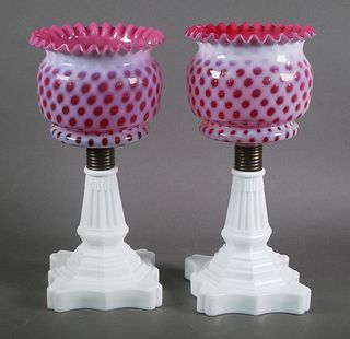 Vintage Cranberry Coinspot Glass Candlesticks