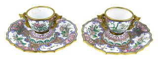 Pair Antique Chinese Enamel Ware Teacups Saucers
