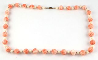 24" Chinese Carved Coral Bead Necklace