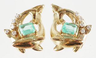 14k Gold Emerald Dolphins Earrings