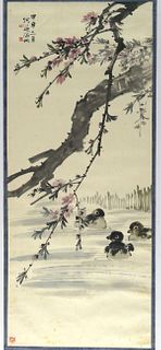 Chinese Hanging Scroll w Cherry Blossoms and Ducks