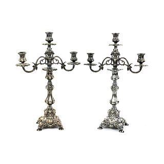 (2) Pair of Rococo Style Three Light Silver Candelabras