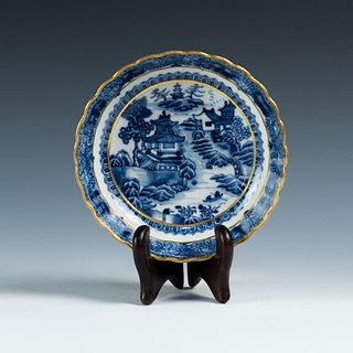 English Blue & White and Porcelain Bowl with Gold Trim