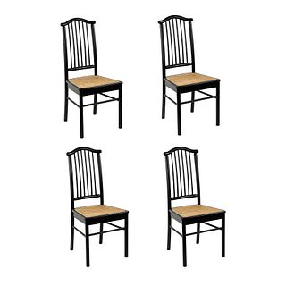 (4) Set of Black Wood and Caned Seat Dining Chairs
