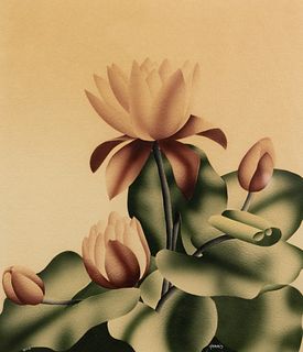 Benjamin Jorj Harris Airbrush Water Lily Painting Signed