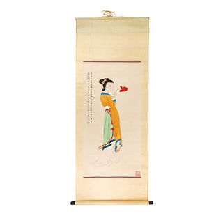 Chinese Maiden Painting on Paper Scroll
