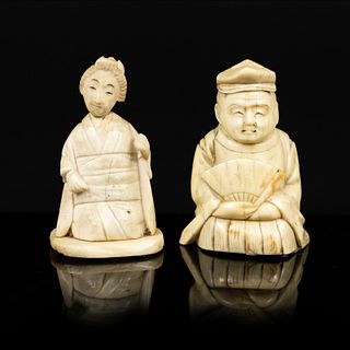 (2) Ivory Carved Man and Woman Netsuke Figurines Group