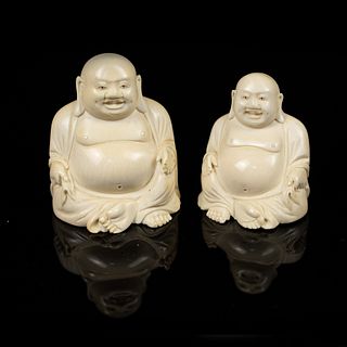 (2) Set of Ivory Carved Seated Happy Buddha Figurines