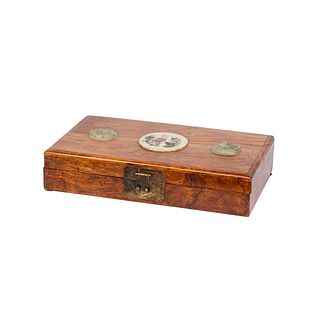 A RECTANGULAR WOOD LETTER BOX WITH INLAID JADE