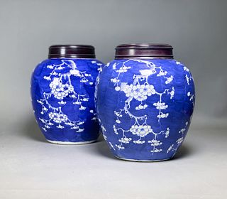 PAIR OF BLUE AND WHITE 'PRUNE' OVOID JARS, 19TH CENTURY 