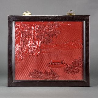 A CARVED CINNABAR LACQUERPANEL WITH FRAME 