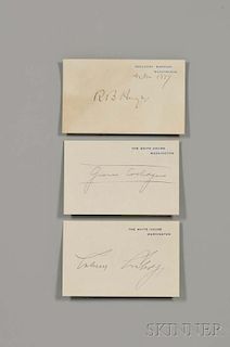 Coolidge, Calvin (1872-1933) and Grace Anna Goodhue (1879-1957), [with] Rutherford B. Hayes (1822-1893) Three Signed Cards.