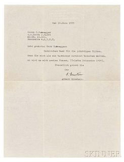 Einstein, Albert (1879-1955) Typed Letter Signed, Princeton, New Jersey, 19 March 1953.
