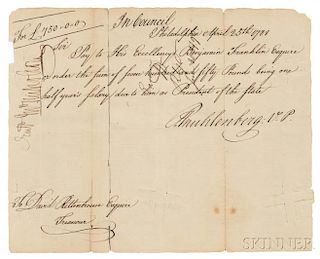 Franklin, Benjamin (1706-1790) Check for £750, Salary as President of Pennsylvania, 25 April 1788.