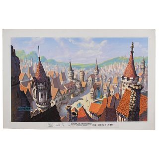 Rooftops and marketplace production master background painting and layout drawing from Cinderella II: Dreams Come True