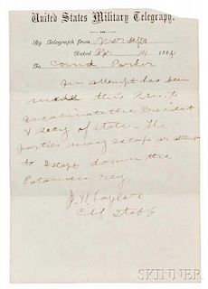 Lincoln, Abraham (1809-1865) A Collection of Nine U.S. Military Telegraph Messages Related to Lincoln's Assassination.