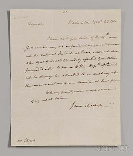 Madison, James (1751-1863) Autograph Letter Signed, 22 November 1810.