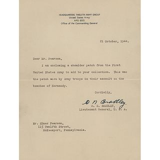 Omar Bradley Typed Letter Signed with First United States Army Patch