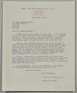 Russell, Bertrand (1872-1970) Four Typed and Signed Notes and Letters, July-September 1962.