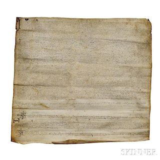 Sabadell, Spain, 1590, Manuscript Marriage Agreement on Parchment. Large vellum document in a scribal hand from the Diocese o