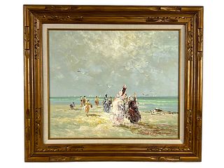 Marie Charlot Oil On Canvas Victorian Beach Scene