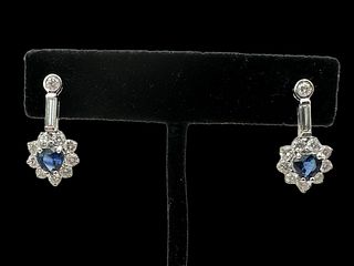 18K White Gold Diamond Heart Sapphire Earrings