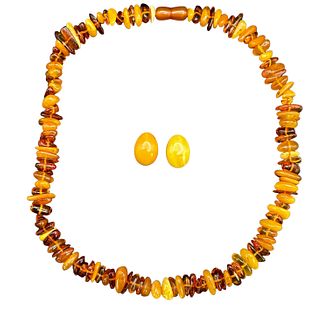 Russian Amber Beaded 22" Necklace & Amber Earrings