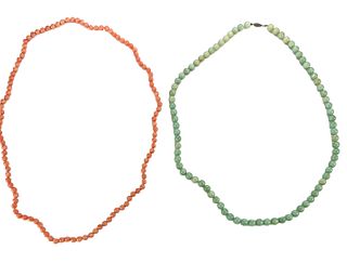 (1) 30" Coral Beaded Necklace & (1) 28" Green
